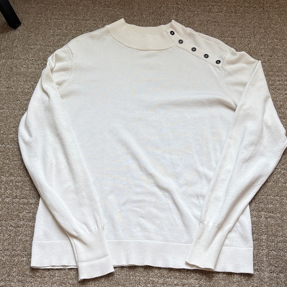 DownEast White Turtleneck Sweater with Button Detail